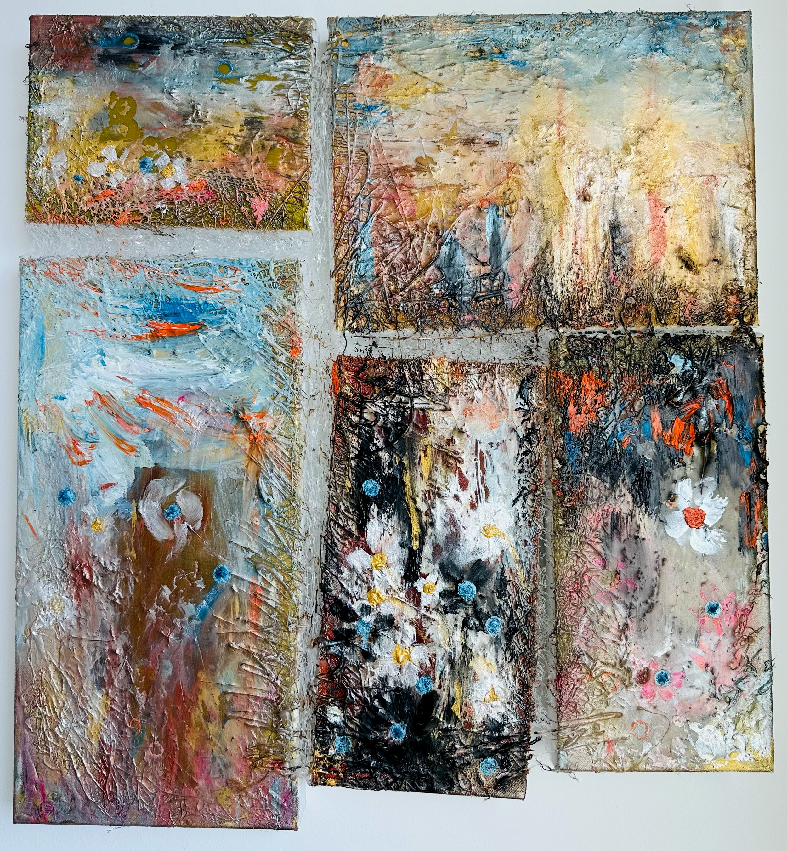 Spring Under Ash (Iran), 2026 — mixed media (oil, resin, glue) by Hadis Bahrami, 23.5 × 22 in.